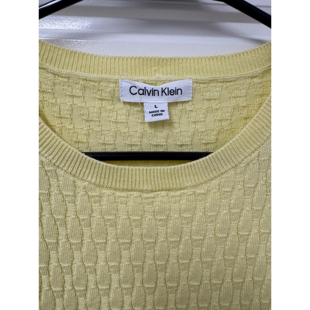 Calvin Klein Yellow Textured Basketweave Short Sleeve Crew Neck Sweater Large